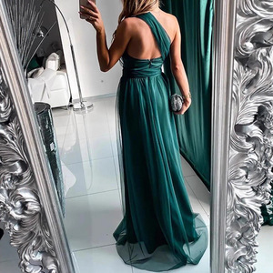 Vestido de noche largo de un solo hombro con corte imperio, abertura y capa transparente, color liso, para eventos formales - Product Image 3