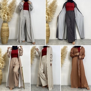 6674# New Fashion Print Satin Set Full Button Long Cardigan and Pocket Pant Muslim Women 2pcs Abaya Sets 10 Colors - Product Image 2