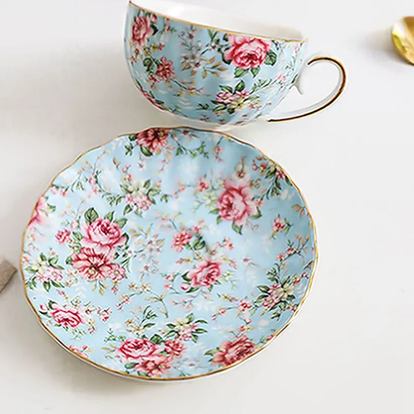 China wholesale new green pink flower pattern handmade porcelain tea espresso cups ceramic cup and saucer set in box