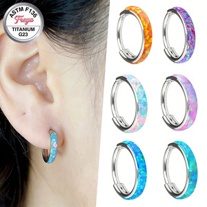 Pendientes de Aro Finos de Titanio con Ópalo Freya, Joyería de Moda para Mujer, Anillos de Nariz de Vaca para Septum, Pendientes de Ópalo Azul - Product Image 1