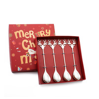 Lot de 4 cuillères en acier inoxydable en forme de bois de cerf de Noël, dorées et argentées, coffret cadeau de luxe, souvenir de vacances