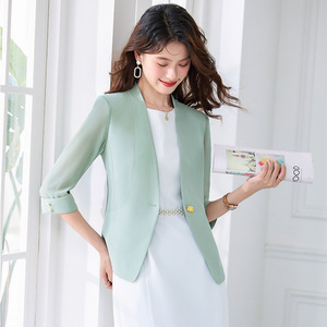 Women's Summer Thin Blazer Jacket Set Chiffon Mesh Three Quarter Sleeve Suit Dress Solid Color Splicing Design - Product Image 4