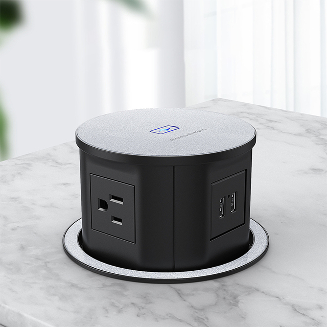 15W 16A Wireless Charger Vertical Motorized Pop up Universal Plug Socket Tower with 4 Outlets USB-A and USB-C Ports
