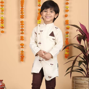 Ensemble Kurta en coton crème pour garçons avec imprimé libellule, Kurta ethnique à manches longues et pyjama marron, tenue traditionnelle festive pour enfants - Product Image 1