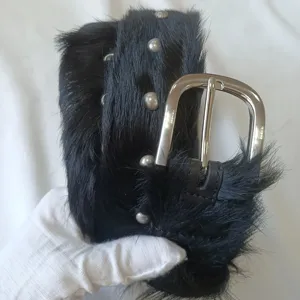 Vente en gros ceinture en cuir fantaisie en crin de cheval pour hommes boucle ardillon œillets en métal ceinture en cuir véritable en crin de cheval noir pour femmes