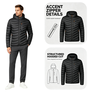 Giacca Imbottita Leggera con Cappuccio per Uomo, Trapuntatura Diagonale, Tasche con Zip, Cappotto Invernale Casual Slim per Uso Quotidiano Urbano - Product Image 1