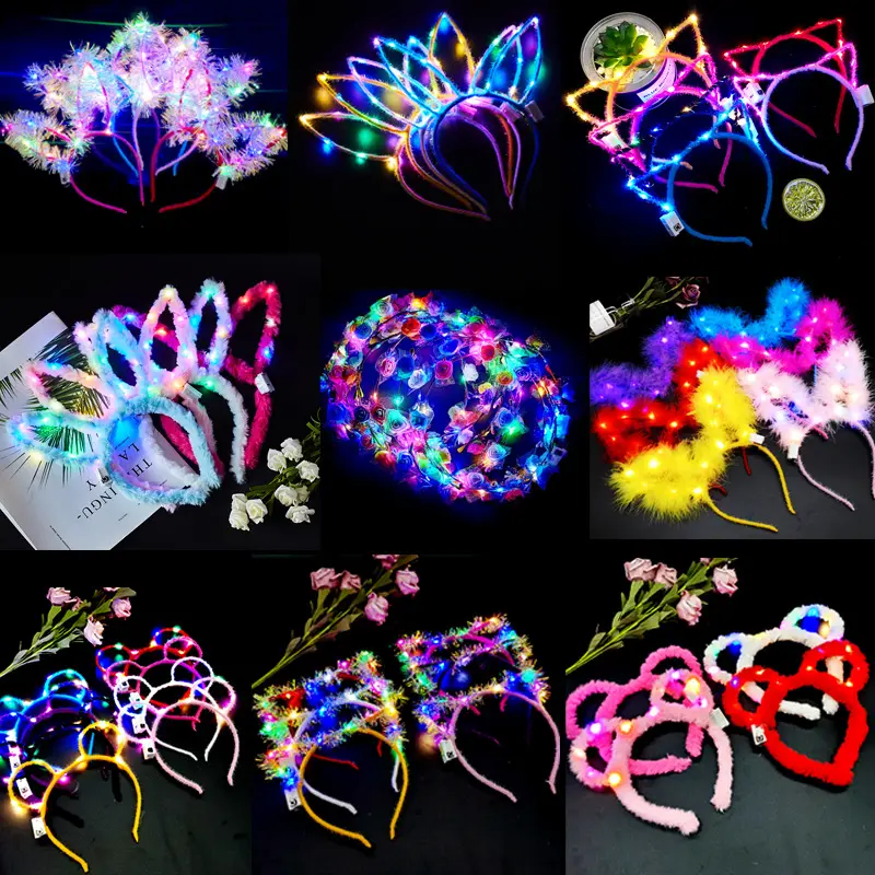 Guirnalda de plumas con luz Led para fiesta, diadema con orejas de gato, astas, banda para la cabeza, suministros brillantes