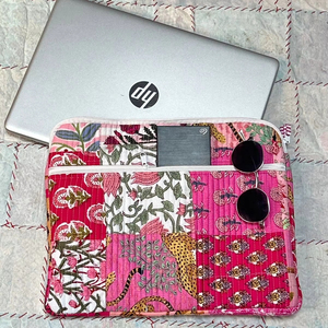 Handmade Quilted Cotton Laptop Sleeve Bag Boho Vintage Style Travel Case Zipper Closure Various Block Printed Designs Available - Product Image 1