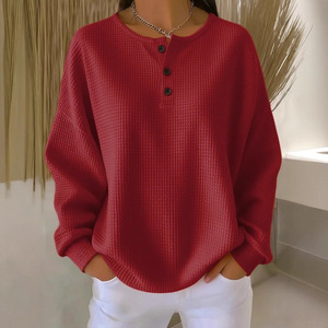 Haut en tricot gaufré personnalisé pour femme, couleur unie, col rond, coupe ample, collection automne-hiver, mode boutique, logo thermocollé - Product Image 5