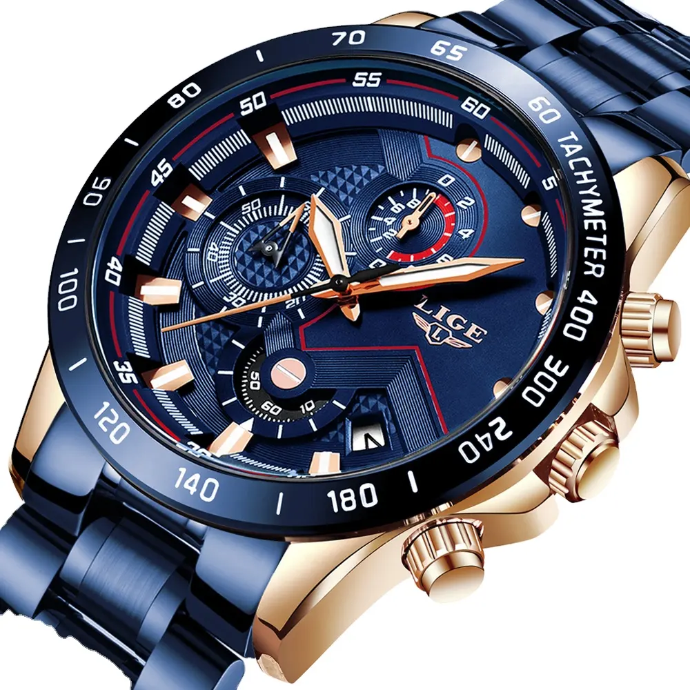 LIGE 9982 Fashion Mens Watches Stainless Steel Top Brand reloj Luxury Sport Chronograph Quartz Watch For Men