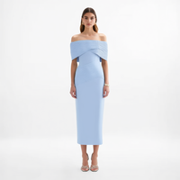 Robe crayon midi chic et élégante pour femme, bleu poudré, à épaules dénudées, côtelée, à manches longues, style Bardot, personnalisée, idéale pour le bureau et les rendez-vous.