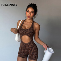Combinaison de yoga une pièce imprimé léopard pour femme, dos ouvert, effet push-up fessier, short, pour la gym, l'entraînement et le fitness