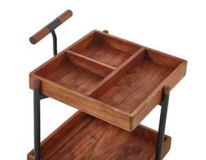 Rustikaler 2-stöckiger Servierwagen aus Akazienholz, klassischer Küchenwagen mit unterteilter Oberseite und Holzgriff - Product Image 6