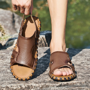 Sandales Homme Double Semelle en Cuir de Vachette, Nouveauté Été, Décontractées pour l'Extérieur, Chaussons de Plage à Semelle Épaisse, Sandales pour Homme d'Âge Moyen - Product Image 2