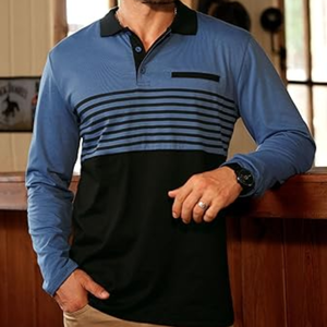 Polo pour homme à manches longues, color block, patchwork rayé, col boutonné, haut décontracté - Product Image 2