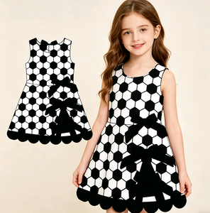 Custom Casual Summer Soccer Print Bows Kids Zipper T-Shirt Scallop Edge Shorts 2 Pieces Outfits Dress Sister Kids Clothing - Product Image 3