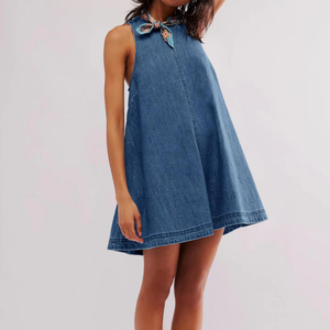 Robe longue en jean ample sans manches à col rond avec poches pour femme 2026 - Product Image 1