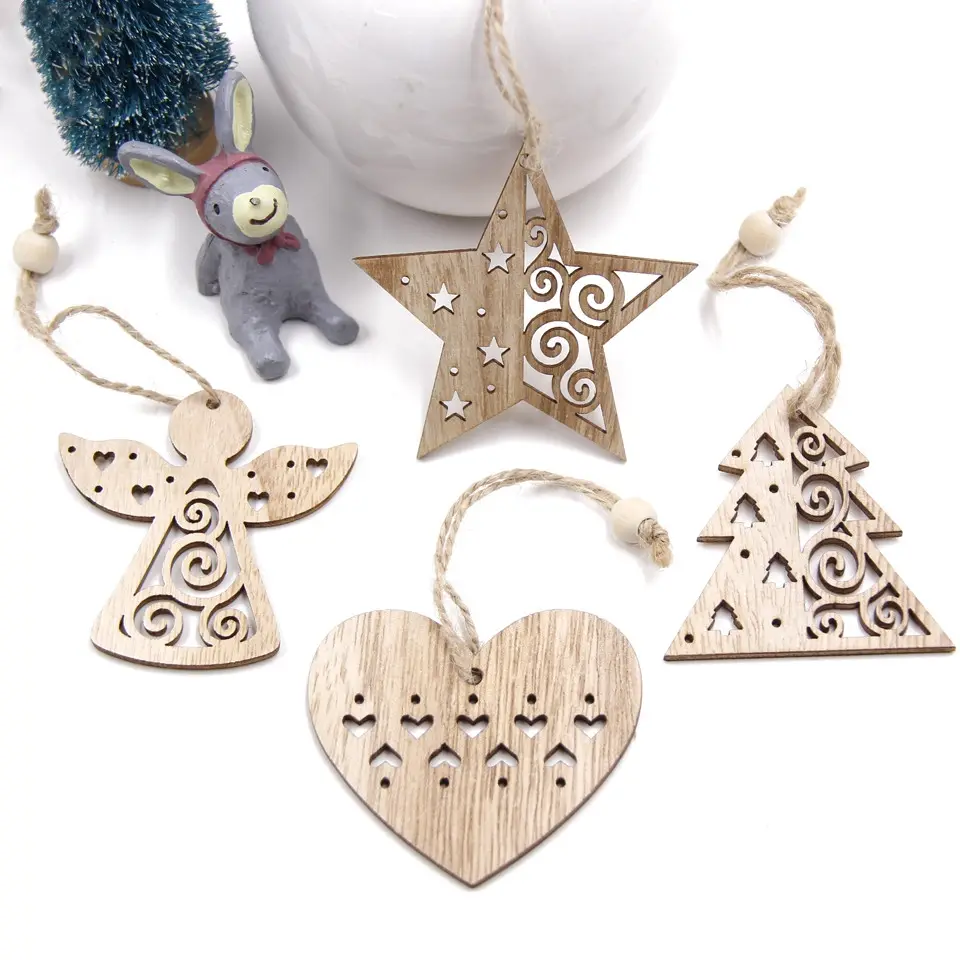 Enfeites de madeira para árvore de natal, 6 peças de pingentes vazados de neve para árvore de natal, decorações de festa, presentes para crianças