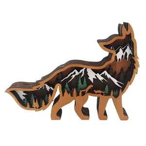 3D Carving Animal Art Home Decoration Wooden Crafts Creative Wood Carving Fox Wolf Elk Brown Bear Ornaments DIY Products