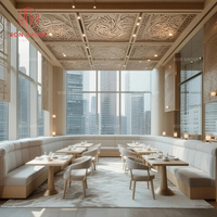 Muebles de comedor de lujo Sofás de tela beige curvo con base de metal dorado y mesas redondas de madera para restaurante