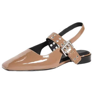 Sandales plates à bout carré fermé en <span class=keywords><strong>cuir</strong></span> PU nude d'été en gros, avec boucle et semelle intercalaire en gel, tongs pour femmes - Product Image 1