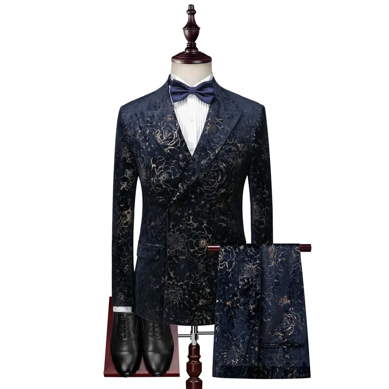 Evening Dress Men'S Suit Three-Piece British Double-Breasted Fashion Printed Velvet Suit Performance Suit Men