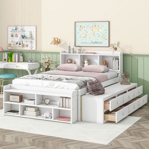 White Children's <b>Storage</b> Bed With Bookshelf And Drawers Multi Functional Bed For Bedroom <b>Kids</b> Furniture - Product Image 1