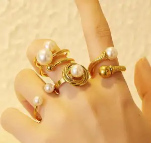 新款珍珠氧化锆尺寸戒指配钻石不锈钢珍珠戒指女明星结婚戒指珍珠joyas