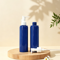 Botol Pompa Silinder PET Tinggi Ramping 180ml Custom, Dispenser Kosmetik Biru Tua Mengkilap dengan Pompa Lotion Putih