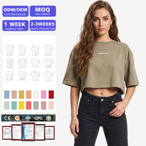 เสื้อครอปท็อปผู้หญิง ผ้าฝ้าย 100% คอกลม ทรงหลวม สีพื้น ลำลอง แขนสั้น พิมพ์ลายด้วยความร้อน ODM OEM - Product Image 1