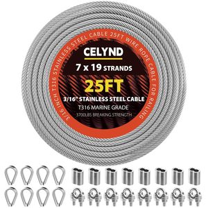 สายเคเบิลสแตนเลส CELYND ขนาด 25 ฟุต 3/16 นิ้ว รุ่น T316 ลวดสลิง 7x19 เส้น สำหรับราวบันได พร้อมตัวหนีบ - Product Image 1