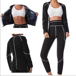 Conjunto Deportivo de Yoga Negro para Mujer con Costuras Blancas, Top de Manga Larga con Cierre Completo y Leggings para Fitness, Moldeador Corporal y Absorbente de Sudor - Product Image 5
