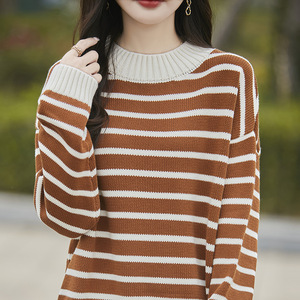 Suéter de punto grueso con cuello simulado y rayas para mujer, manga larga, transpirable, informal - Product Image 3