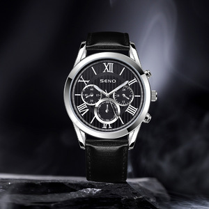 Quartz <b>Watch</b> Men Analog Chronograph Alloy <b>Case</b> Stainless Steel Black Leather Strap 22 Cm Band Push Button Hidden Clasp - Product Image 2