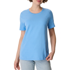 T-shirt à manches courtes pour femme, bleu clair, col rond, coupe classique, couleur unie, style décontracté, 100% coton, jersey respirant - Product Image 1