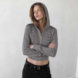 Sweat à capuche zippé pour femme, couleur unie, tissé, avec détails boutons métalliques, manches longues, style streetwear décontracté, haut d'automne - Product Image 2