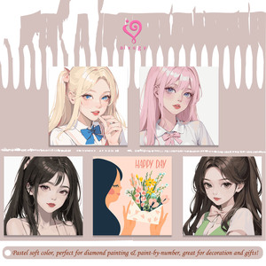 Kit de peinture numérique par numéros sur toile, portrait de dessin animé, couleurs pastel douces, rectangle, décoration artistique écologique, 25x25 cm - Product Image 1