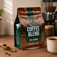 Sachet de café à fond plat personnalisé OEM avec motif de grains de café, 250g, en aluminium, avec fermeture éclair, pour mélange de café