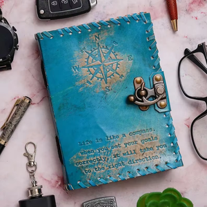 Handmade Turquoise Leather Hardcover Journal Hand <b>Stitched</b> Binding Compass Embossed Quote Diary Vintage Writing <b>Gifts</b> Acid-Free - Product Image 5