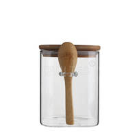 Bocaux carrés en verre borosilicate en gros avec couvercle et cuillère en bambou pour le stockage de gelée, de sucre et d'aliments