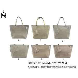 Borsa da Spiaggia a Righe Oro e Argento 57x37x17Cm con Manici Larghi e Stretti e Borsa Piccola Abbinata - Product Image 3