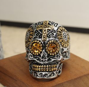 Anelli personalizzati in acciaio inossidabile con intaglio in oro gotico con teschio di colore rosso blu gioielli unici da motociclista per matrimoni - Product Image 4