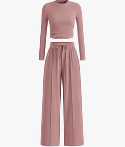 Ensemble deux pièces décontracté pour femme, style européen et américain, en stock, automne, haut côtelé à manches longues et pantalon large - Product Image 1