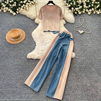 Ensemble deux pièces en jean patchwork taille haute pour femme - Collection été