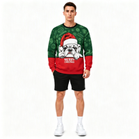 Sweat-shirt à col rond pour homme en polyester avec sublimation personnalisée, motif bouledogue Père Noël, impression intégrale pour les fêtes de Noël