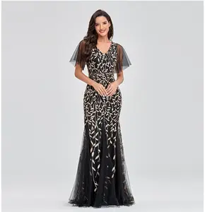 Floral Sequin Wholesale Evening Party Dress Women Prom Dresses Mother of The Bride Dresses Vintage Natural Short Adults Knitted