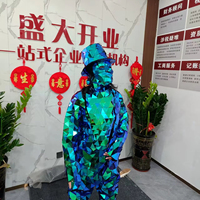 Costume de robot miroir bleu-vert irisé avec haut-de-forme, ensemble complet en modal pour spectacle de boîte de nuit, défilé de carnaval et performance