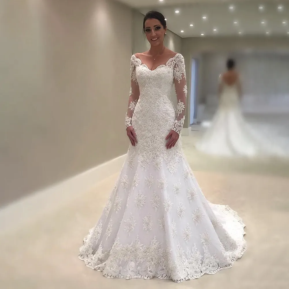 FA167 Sereia Lace Mermaid Wedding Dresses 2022 V Neck Backless Long Sleeve Bridal Wedding Gowns Bride Dress
