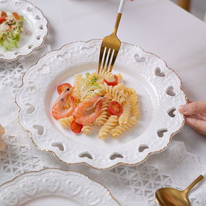 Assiette creuse en céramique gaufrée avec bord doré, pour petit-déjeuner, pâtes, dessert, pain, fruits, plateau de service, vaisselle de restaurant, 20 pièces - Product Image 6