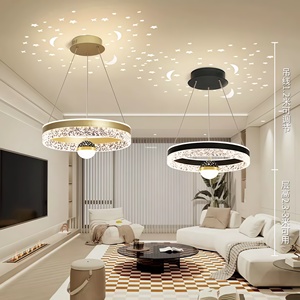 Lustre LED moderne doré, design ciel étoilé lune et étoiles, <span class=keywords><strong>suspension</strong></span> réglable en hauteur, 75W, 50cm, 3 couleurs changeables <span class=keywords><strong>pour</strong></span> chambre à coucher - Product Image 1